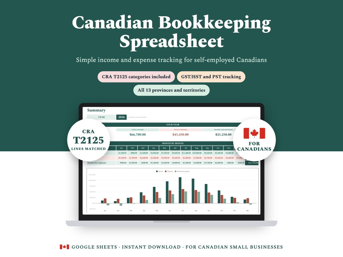 Canadian Bookkeeping Spreadsheet showing the Summary tab on a laptop